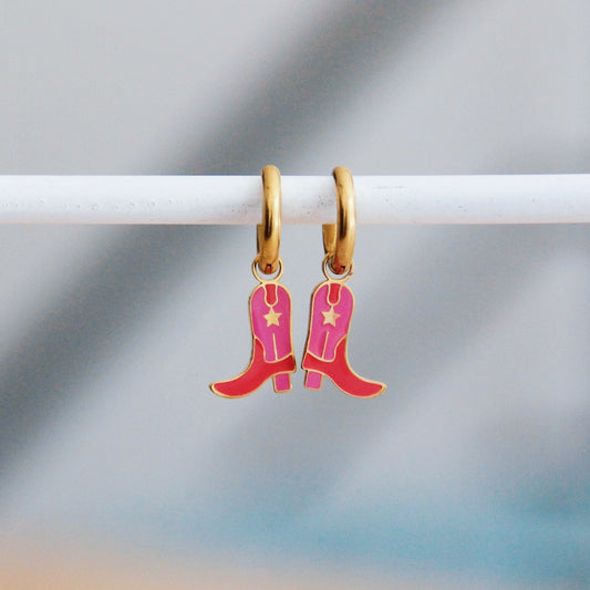 Stainless steel hoop earrings with cowboy boots  - Red/Pink - CB3121